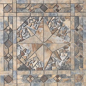 May include: A square tile with a starburst design in the center, composed of various shades of brown, gray, and beige. The star is surrounded by a mosaic of small, irregular stone pieces. The tile's border features geometric patterns.