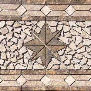 May include: A decorative tile mosaic featuring two brown five-pointed stars in a diamond shape. The stars are made of small, irregular pieces of stone in shades of brown and beige. The background is a light brown stone with a border of white and brown tiles.