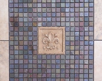 Handmade Tile Medallion: Stonefire Porcelain & Slate Fleur-de-lis Accent