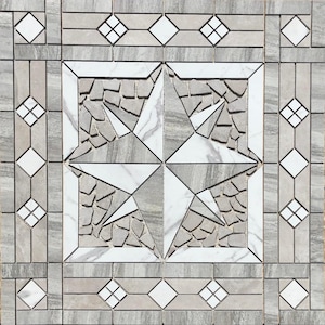 May include: A square gray and white mosaic tile with a white star design in the center. The star is made of smaller white and gray tiles. The tile has a border of gray and white tiles.