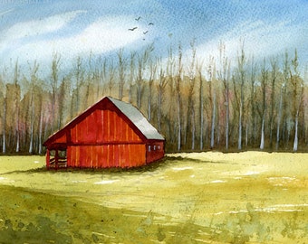 Red barn original watercolor countryside landscape painting by Rosario F. Simbari