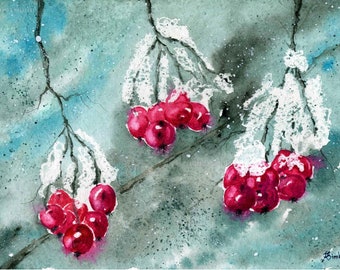 Original painting of frozen winter red berries in watercolor, semi abstract tree branch modern wall art, artwork by Rosario F. Simbari