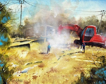 May include: A watercolor painting of a red excavator working on a construction site. The excavator is surrounded by smoke and dust, and there are two figures in the background.
