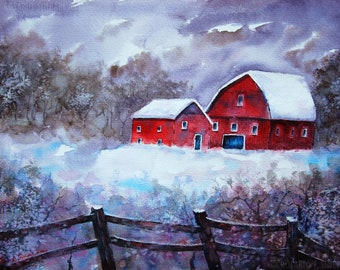 ORIGINAL art red barn. Romantic snowy landscape decor gift idea. ONE PIECE only, hand painted atmospheric artwork by Rosario F. Simbari