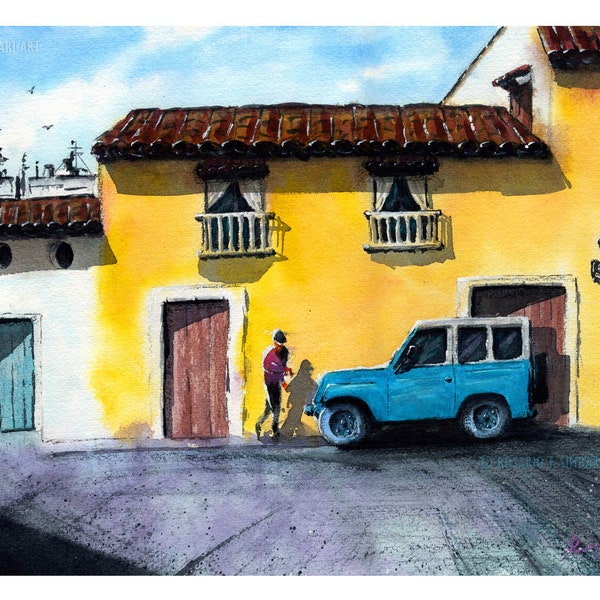Cartagena Colombia original cityscape painting, Caribbean coast watercolor port city by Rosario F. Simbari