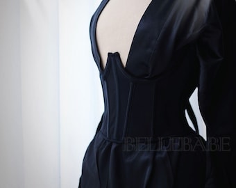 NOUVEAU BEAU Corset désossé en acier satiné noir mat classique chic et élégant, haut corset avec taille sous la poitrine avec fermeture à glissière latérale