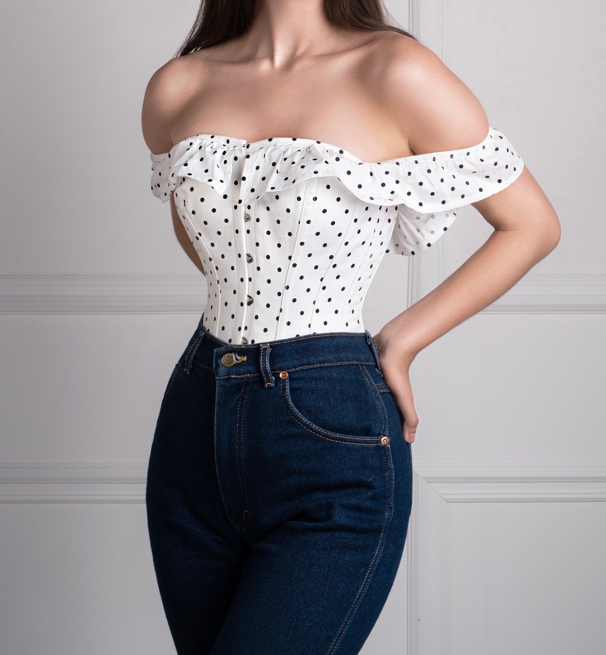 black polka dot off the shoulder top