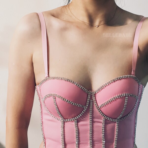 New Women’s  Pink Diamond Lace Stylish Corset Top, Superstar Concert  Overbust Corset Crop Top Outfit - For Any Occasions