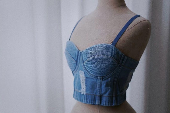 NEW BEAUTIFUL Spice Girls Stylish Rocker Soft Blue Denim Bra Top Corset With Ripped & Distressed Look