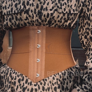 May include: A brown corset with four metal clasps and a leopard print shirt.