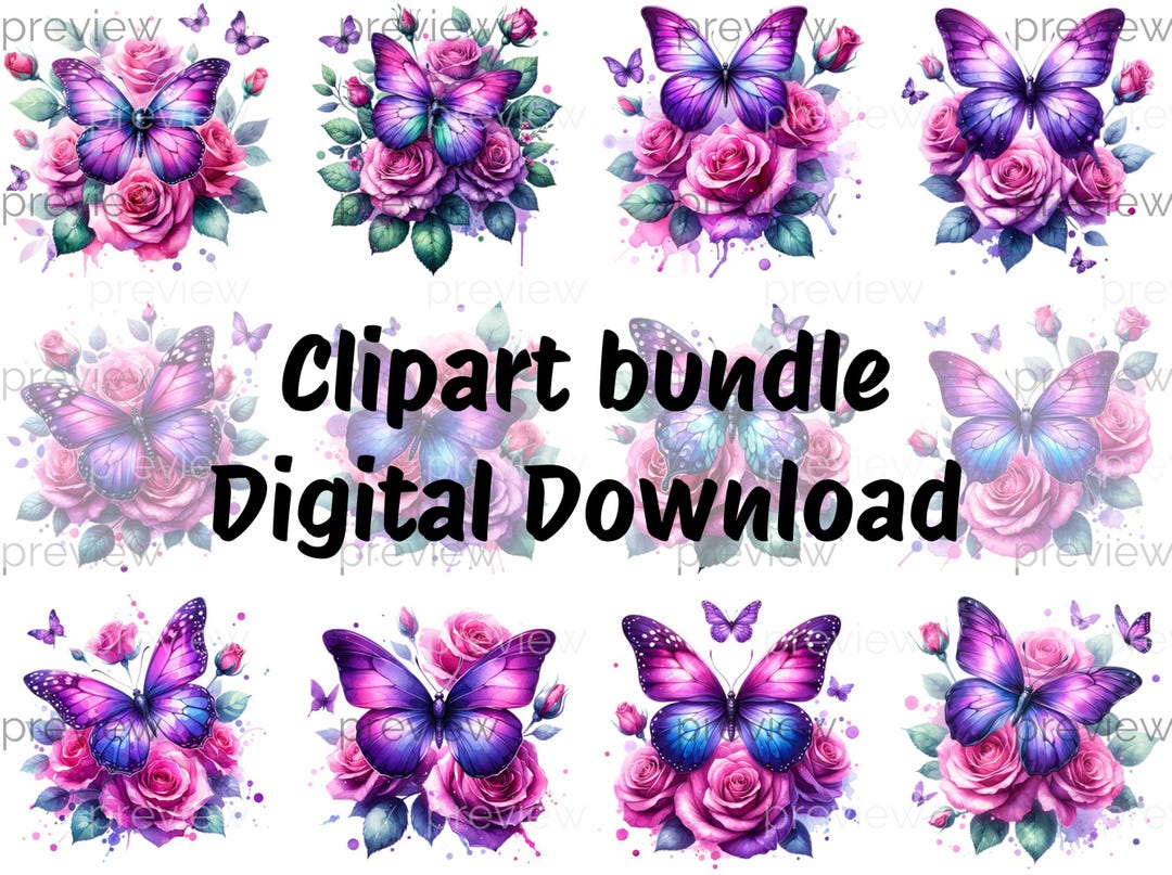Roses and Butterflies Clipart Bundle Set - Instant Download for ...