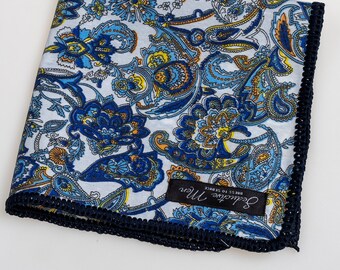 Hand-crochet white colorful paisley Cotton pocket square with navy Signature border
