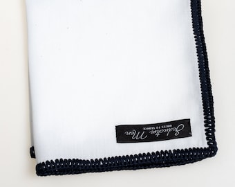 Hand-crochet white cotton pocket square with midnight blue signature border
