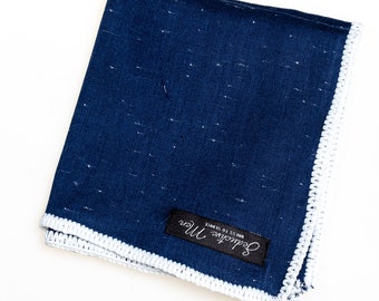 Hand-crochet Blue cotton pocket square with white signature border