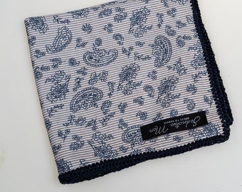 Hand-crochet white blue paisley Cotton pocket square with navy Signature  border