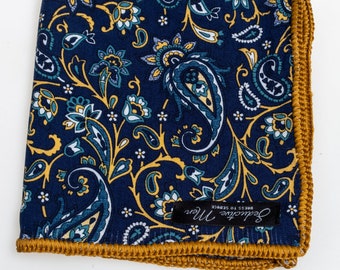 Hand-crochet blue brown paisley Cotton pocket square with brown Signature  border