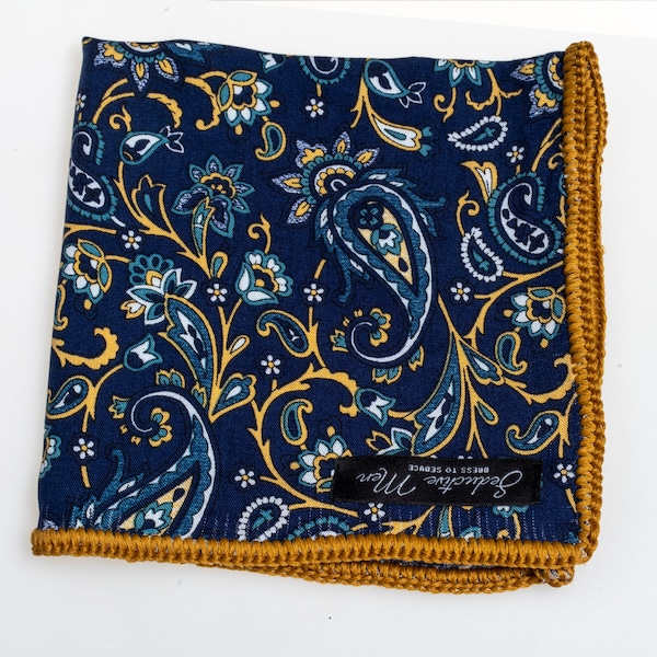 Hand-crochet blue brown paisley Cotton pocket square with brown Signature  border
