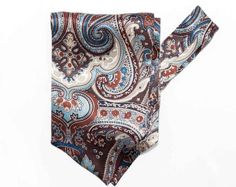 Conjunto de pañuelo de bolsillo y pañuelo Ascot de seda con estampado paisley azul y marrón