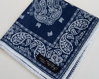 Hand-crochet blue & white paisley Cotton pocket square  with white Signature border