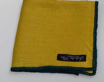 Hand-Crochet Mustard Cotton Pocket Square with Green Signature Border