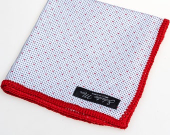 Hand-crochet white & redblue dot cotton pocket square with red signature border