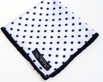 Hand Crochet White & blue polka dot cotton pocket square with blue signature border