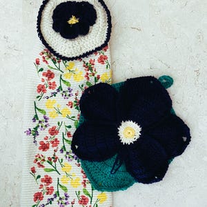 Dark Purple Pansy Towel Topper and Trivet Set