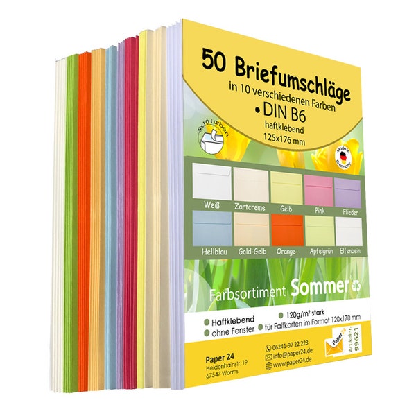 50 Briefumschläge sortiert DIN B6 (125 x 176 mm) in 5x10 Farben für Hochzeit, Geburtstag