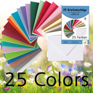 25 verschiedenfarbige Briefumschläge im Format DIN C6 114x162 mm für DIN A6