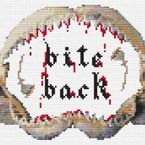 May include: Cross-stitch design featuring a stylized jaw with the words "bite back" in black and red. The jaw is detailed with shades of tan, gray, and purple, with red accents suggesting blood. The design is on a white background.