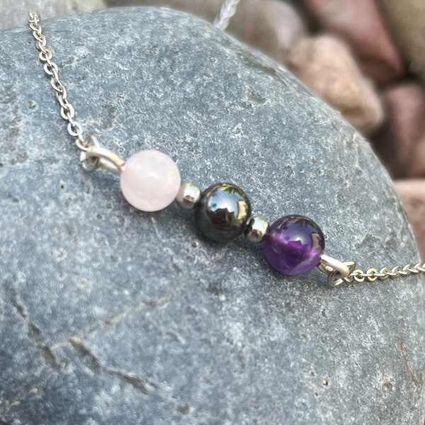 Empath protection necklace, empath support, intention jewelry, shield from negative energy, rose quartz, hematite, amethyst