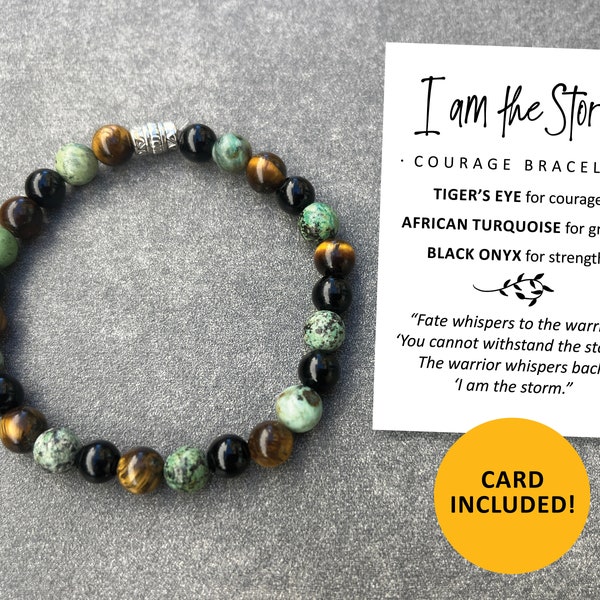 I am the Storm bracelet, courage bracelets, Tiger's Eye, African turquoise, black onyx beaded jewelry, daily affirmations, strength, growth