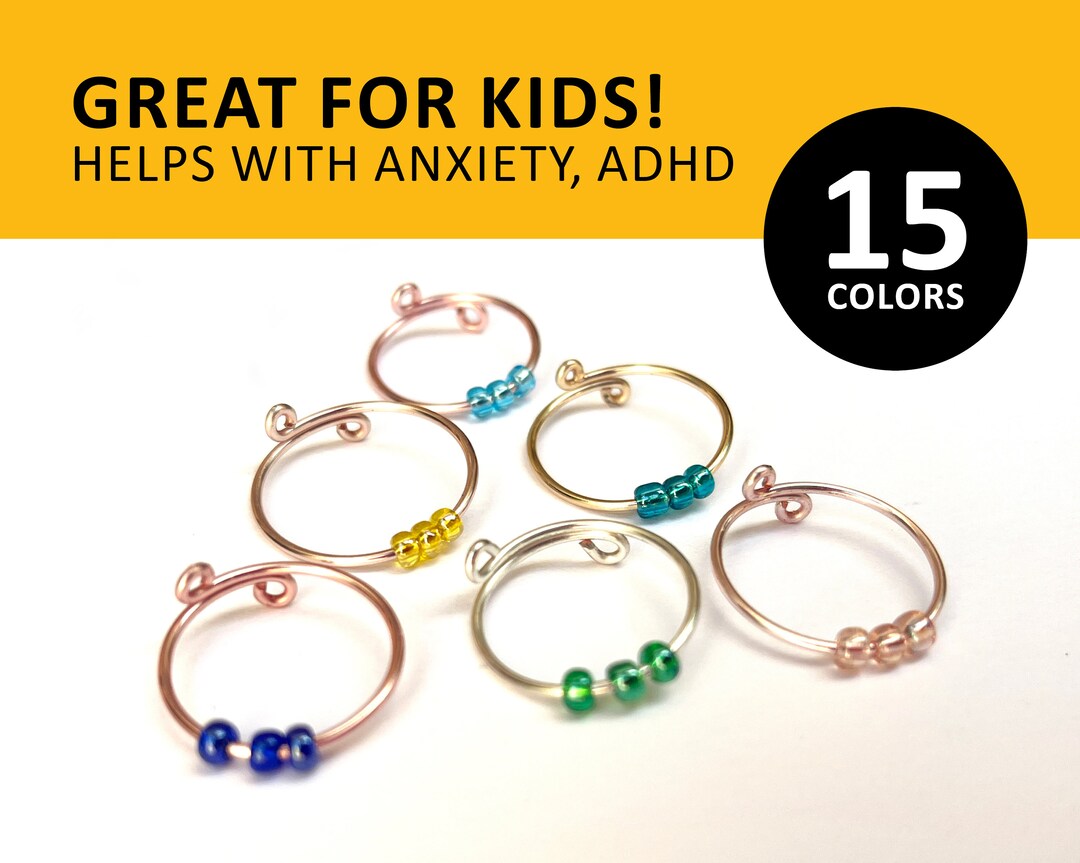 Fidget Rings for Kids, Set of 3, Anxiety Bead Ring, Girls, Boys, Adjustable Ring, Rings for
