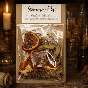 May include: A clear plastic pouch containing dried orange slices, green herbs, and yellow powder, attached to a brown card with the text Sanmer Pot, Presitaom, ballaveran, and Tosss requirement for entertainment purposec only printed on the front.
