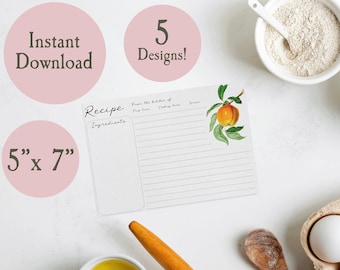 Vintage Fruit Illustration Recipe Cards, 5 Designs (PDF File)