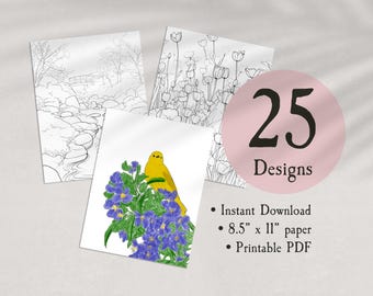 Spring Coloring Pages Printable, Set of 25 Designs, Instant Download PDF