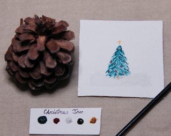 Christmas Tree Mini Painting Kit, Beginner Watercolor Mini Paint Kit, Cottagecore Christmas, Stocking Stuffer, Christmas Party Gift