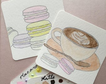 Latte and Macarons Mini Watercolor Painting Kit Line Art Coloring Cards Easter basket gifts