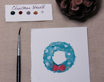 Christmas Wreath Mini Painting Kit, Beginner Watercolor Mini Paint Kit, Cottagecore Christmas, Stocking Stuffer, Christmas Party Gift