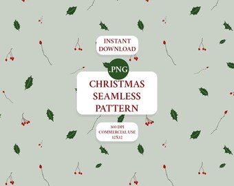 Christmas Berries & Leaves Hand-Drawn Seamless Pattern for Personal and Commercial Use