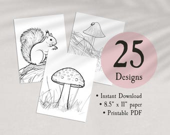 Woodland Scenes Coloring Pages Printable, Set of 25 Designs, Instant Download PDF