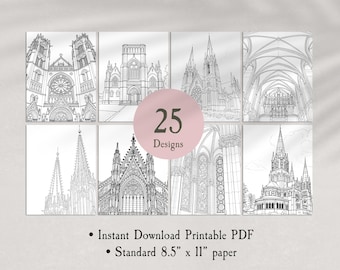 Cathedrals Coloring Pages Printable, Set of 25 Designs, Instant Download PDF