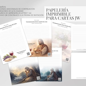 Op de afbeelding: Printbare briefpapier voor JW-brieven. De afbeelding toont verschillende vellen wit papier met gelijnde en blanco pagina's. Sommige pagina's hebben illustraties van Jezus, een kelk en druiven. Tekst bevat "Herdenking van de dood van Christus" en QR-codes.