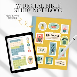 May include: A digital Bible study notebook with the text "JW DIGITAL BIBLE STUDY NOTEBOOK". The notebook has a yellow cover with plant illustrations and the words "BIBLE NOTES". A tablet displays scripture references, and a white stylus is next to the notebook.