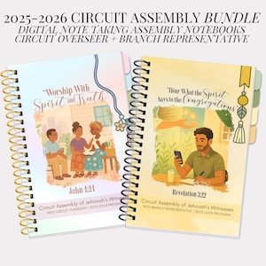 May include: Two spiral-bound notebooks with colourful covers. The left notebook has the text "Worship With Spirit and Truth" and an illustration of people. The right notebook has the text "Hear What the Spirit Says to the Congregations" and an illustration of a man. The text "2025-2026 Circuit Assembly Bundle" is at the top.