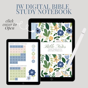 May include: Two black tablets displaying a digital Bible study notebook. The larger tablet shows a floral design cover with the text "Bible Notes." The smaller tablet displays scripture references. A white stylus rests on the larger tablet. Text at the top reads "JW DIGITAL BIBLE STUDY NOTEBOOK."