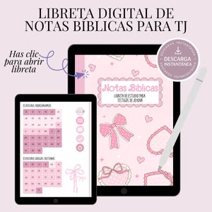 Peut inclure: Deux tablettes numériques affichant un carnet numérique rose avec le texte "Notas Biblicas" et "Libreta de Estudio Para Testigos de Jehova". L'image comprend un stylet et le texte "Descarga Instantanea".