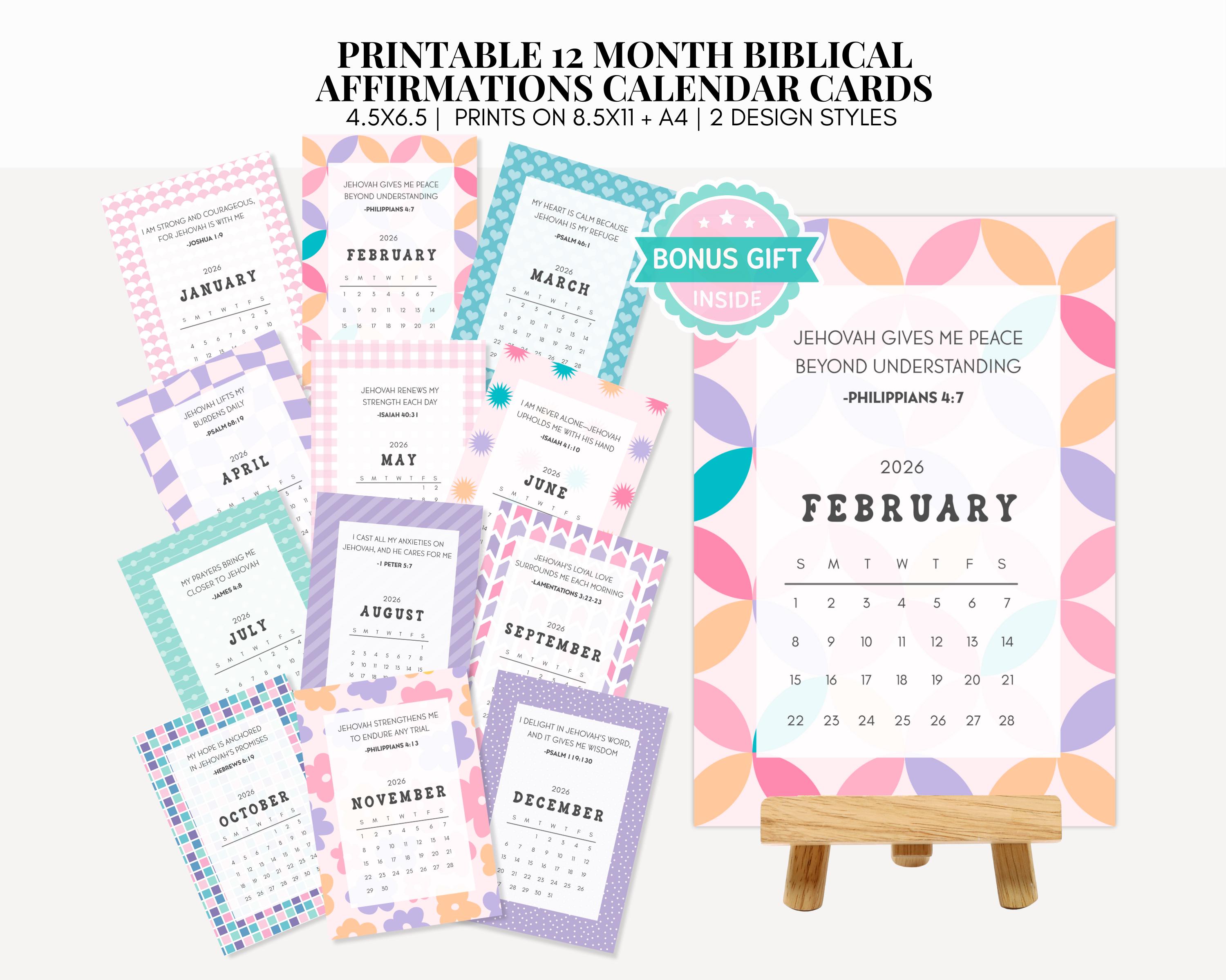 2026 Bible Scripture Affirmations Printable Calendar Cards JW Christian ...