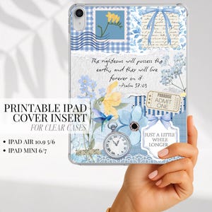 May include: A clear iPad cover insert with a collage design featuring blue floral elements, postage stamps, and a pocket watch. Text includes "The righteous will possess the earth" and "Paradise Admit One". The insert is for iPad Air 10.9 5/6 and iPad Mini 6/7.