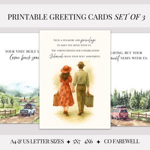 Pode incluir: Conjunto de três cartões de felicitações para impressão. Os cartões apresentam ilustrações em aquarela de um casal, um carro e uma paisagem. Os cartões têm texto que diz "Printable Greeting Cards Set of 3", "Your visit built us, come back soon" e outras frases.